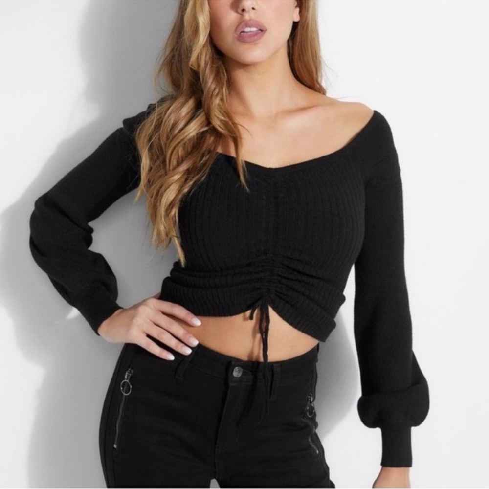 Guess Julia’s Black Ruched V-Neck Cropped Sweater